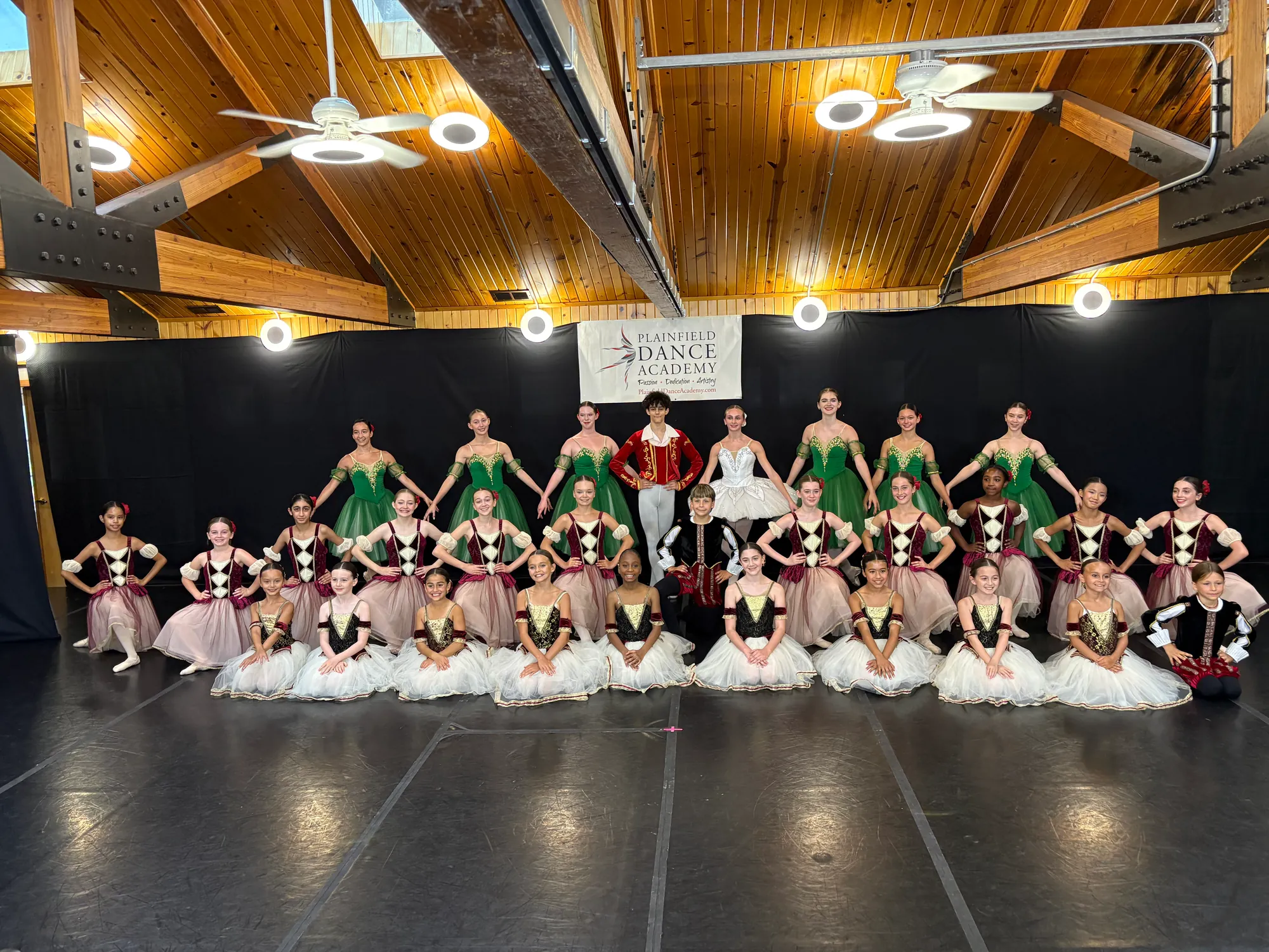 A large group of dancers in green, red and white costumes posed in rows in front of a Plainfield Dance Academy banner