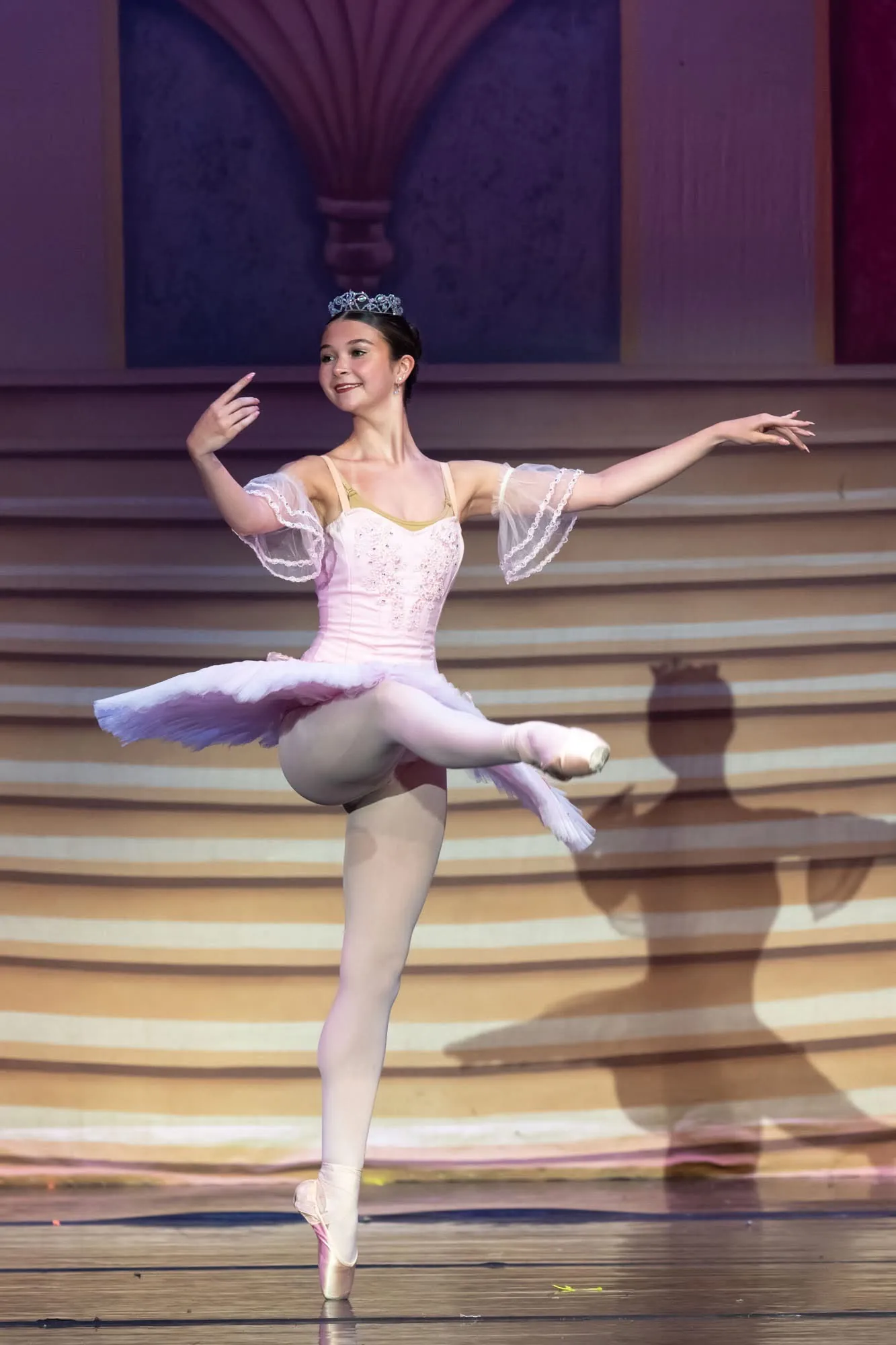 A dancer in a pink tutu and tiara balanced on one pointe on stage, her shadow on the set behind her